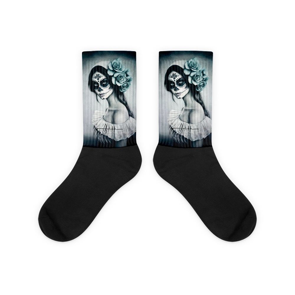 Calcetines artísticos con diseño de Catrina de Rosas Heladas en arte digital exclusivo de Arleka