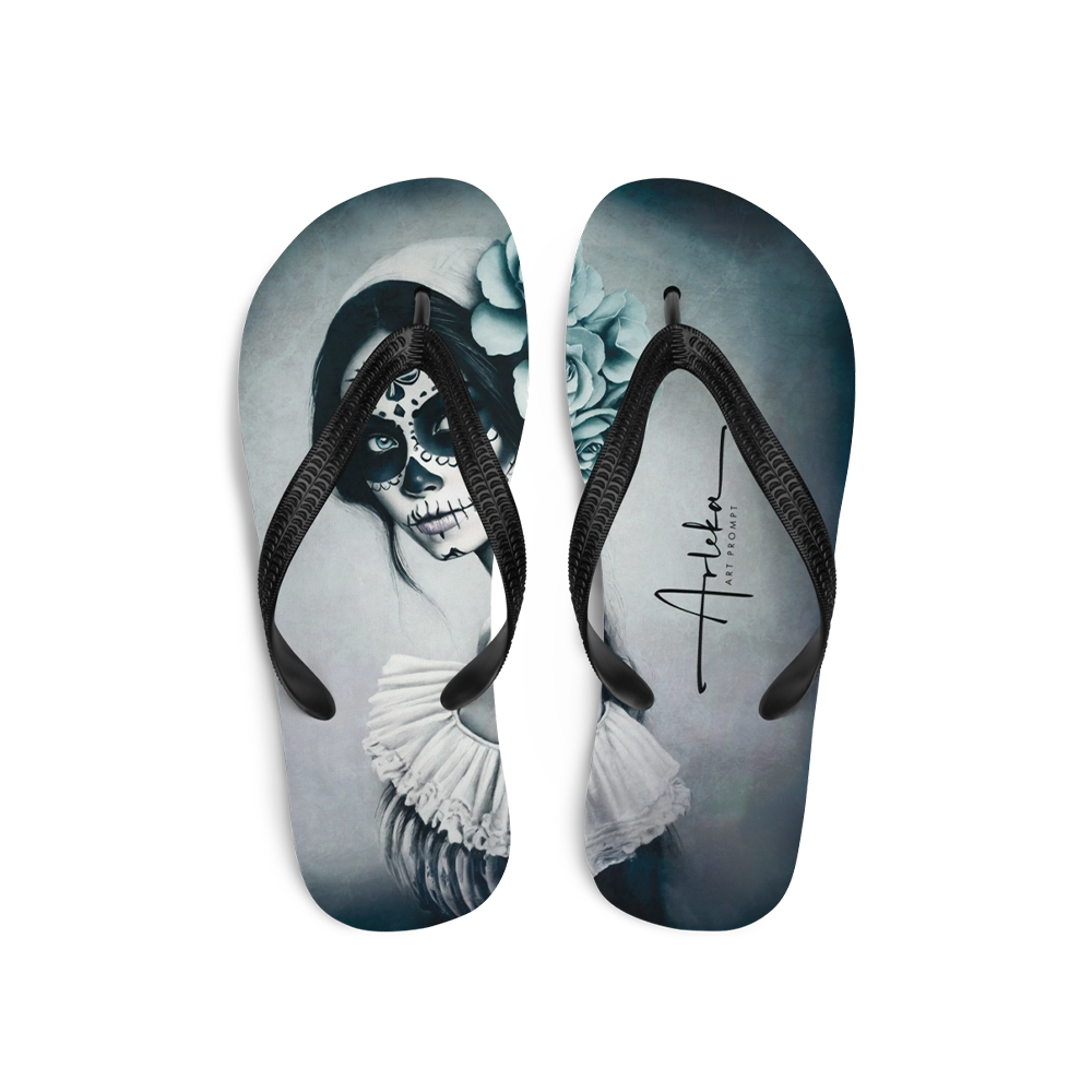 Chanclas de arte digital con ilustración de catrina de rosas heladas azul – diseño exclusivo de Arleka