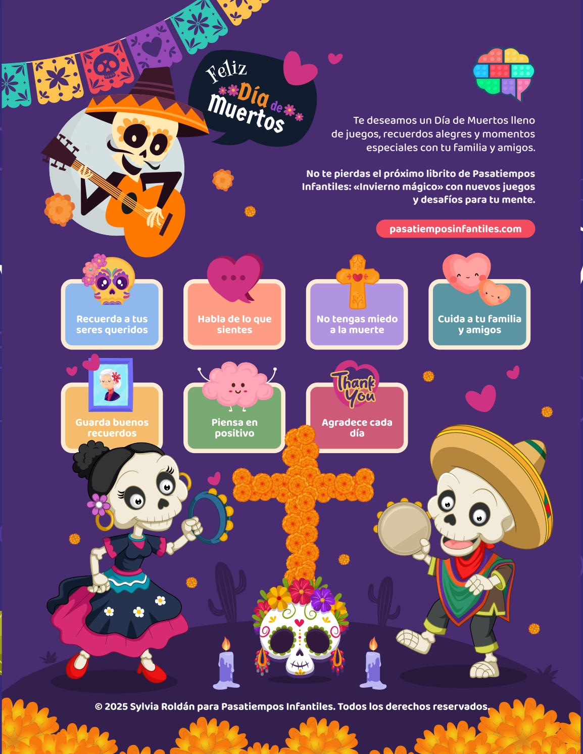 diseño gráfico contraportada libro de pasatiempos infantiles especial Día de Muertos 2025